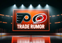 Philadelphia Flyers and Carolina Hurricanes logo with the words trade rumor below the logo on a scoreboard