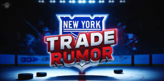 New York Rangers logo with the words trade rumor on top of the logo