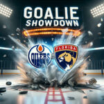 Edmonton Oilers and Florida Panthers logos colliding on an ice rink with the words goalie showdown above the logos