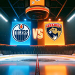 Edmonton Oilers and Florida Panthers logos on an NHL scoreboard with the word vs between the logos