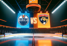 Edmonton Oilers and Florida Panthers logos on an NHL scoreboard with the word vs between the logos