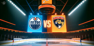Edmonton Oilers and Florida Panthers logos on an NHL scoreboard with the word vs between the logos