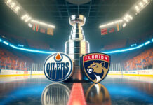 Edmonton Oilers and Florida Panthers logos leaning against the Stanley Cup