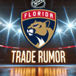 Florida Panthers logo with the words trade rumor below the logo with spotlights in the background on an NHL arena