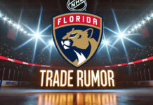 Florida Panthers logo with the words trade rumor below the logo with spotlights in the background on an NHL arena