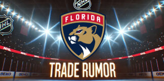 Florida Panthers logo with the words trade rumor below the logo with spotlights in the background on an NHL arena