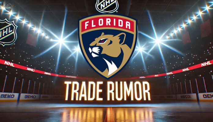 Florida Panthers logo with the words trade rumor below the logo with spotlights in the background on an NHL arena