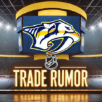Nashville Predators logo with 'Trade Rumor' text below, spotlighted in an NHL arena background