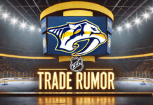 Nashville Predators logo with 'Trade Rumor' text below, spotlighted in an NHL arena background