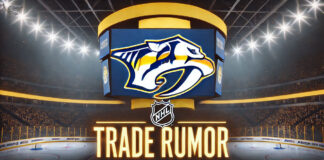 Nashville Predators logo with 'Trade Rumor' text below, spotlighted in an NHL arena background