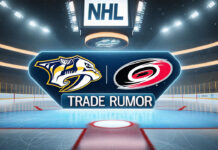Nashville Predators and Carolina Hurricanes logos with the words trade rumor below the logo