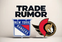 New York Rangers and Ottawa Senators logos with the words trade rumor above the logo