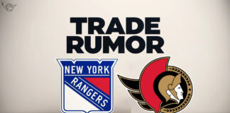 New York Rangers and Ottawa Senators logos with the words trade rumor above the logo