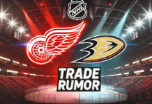Detroit Red Wings and Anaheim Ducks logos with the words trade rumor below the logos