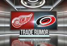 Detroit Red Wings and Carolina Hurricanes logos with the words trade rumor below the logos
