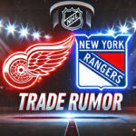 Detroit Red Wings Trade Rumors: Jacob Trouba in the Crosshairs Detroit Red Wings and New York Rangers logo with the words trade rumor below the logos with a background of an NHL arena