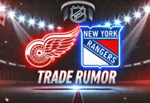 Detroit Red Wings and New York Rangers logo with the words trade rumor below the logos with a background of an NHL arena