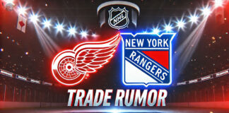 Detroit Red Wings and New York Rangers logo with the words trade rumor below the logos with a background of an NHL arena