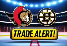 Ottawa Senators and Boston Bruins logos with the words trade alert below the logos