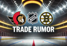 Ottawa Senators and Boston Bruins logos with the words trade rumor under the logos