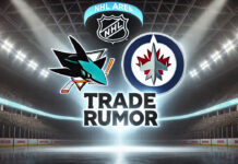 San Jose Sharks and Winnipeg Jets logos with the words trade rumor below the logos