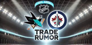 San Jose Sharks and Winnipeg Jets logos with the words trade rumor below the logos