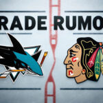 San Jose Sharks and Chicago Blackhawks logo with the words trade rumor above the logos