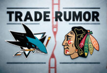 San Jose Sharks and Chicago Blackhawks logo with the words trade rumor above the logos