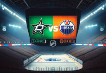 Dallas Stars and Edmonton Oilers logo with the word vs between the logos on an NHL scoreboard