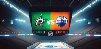 Dallas Stars and Edmonton Oilers logo with the word vs between the logos on an NHL scoreboard
