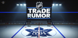 NHL and Toronto Maple Leafs logos with the words trade rumor on an NHL scoreboard