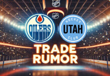 Edmonton Oilers and Utah Hockey Club logos with the words trade rumor below the logos