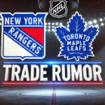 New york Rangers and Toronto Maple Leafs logos with the words trade rumor below the logos