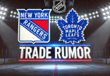 New york Rangers and Toronto Maple Leafs logos with the words trade rumor below the logos