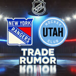 Jacob Trouba Trade Rumors: Trouba headed to Utah? New York Rangers and Utah Hockey Club logos with the words trade rumor below the logo