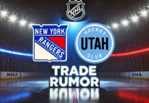 New York Rangers and Utah Hockey Club logos with the words trade rumor below the logo