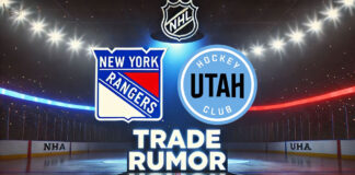 New York Rangers and Utah Hockey Club logos with the words trade rumor below the logo