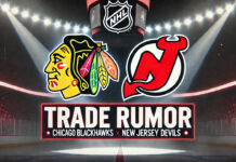 Chicago Blackhawks and New Jersey Devils logos with the words trade rumor below the logos