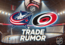 Columbus Blue Jackets and Carolina hurricanes logos with the words trade rumor below the logos
