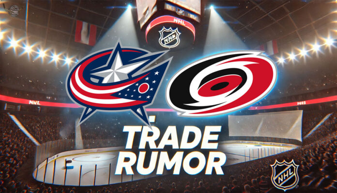 Columbus Blue Jackets and Carolina hurricanes logos with the words trade rumor below the logos