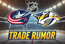 Columbus Blue Jackets and Nashville Predators logos with the words trade rumor below the logos