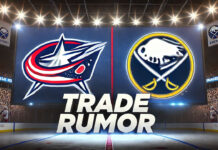 Columbus Blue Jackets and Buffalo Sabres logos with the words trade rumor below the logos.