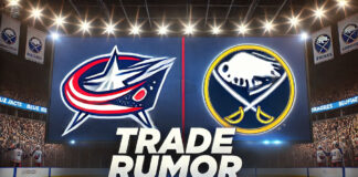 Columbus Blue Jackets and Buffalo Sabres logos with the words trade rumor below the logos.