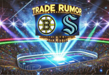 Boston Bruins and Seattle Kraken logos with the words trade rumor above the logos