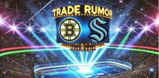 Boston Bruins and Seattle Kraken logos with the words trade rumor above the logos