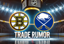 Boston Bruins and Buffalo Sabres logos with the words trade rumor below the logos