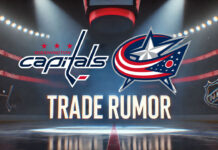 Washington Capitals and Columbus Blue jackets logos with the words trade rumor below the logos