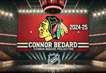 Chicago Blackhawks logo with Connor Bedard point projection 2024-25 below the logo