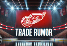 Detroit Red Wings logo with the the words trade rumor below the logo