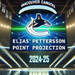 Elias Pettersson Fantasy Hockey Projections: Is 100 Points Possible? Vancouver Canucks logo with the words Elias Pettersson point projection 2024-25 below the logo